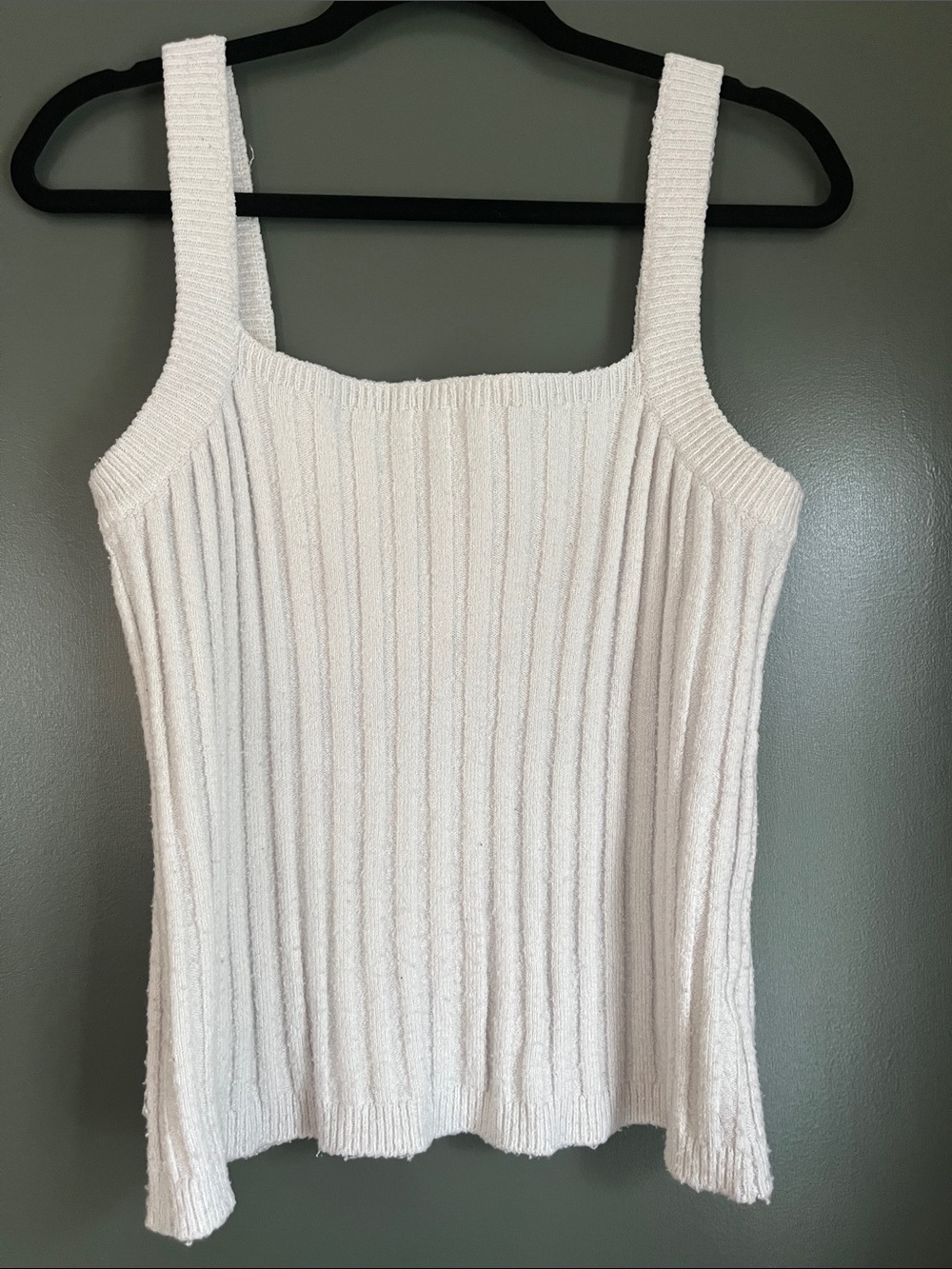 Square-Neck Ribbed Knit White Tank Top